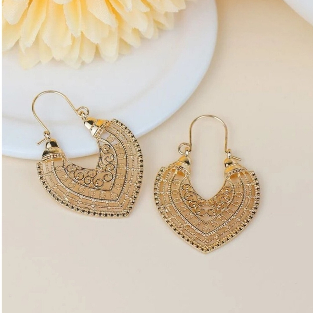 Dainty Rhinestone and Gold Hoop Earrings- Intricate Gold Heart-shaped earrings